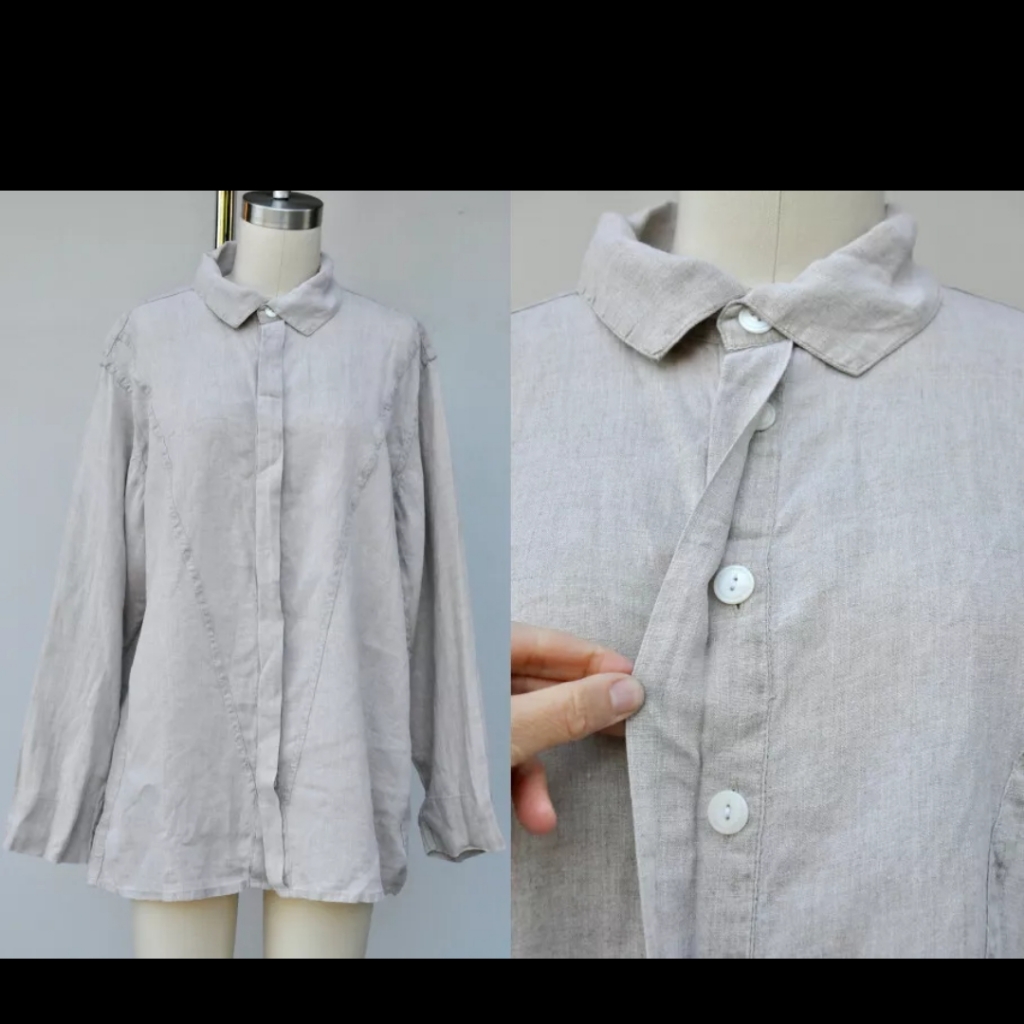 Flax Beige Linen Shirt - Button Down Shirt - Long Sleeves - Hidden Buttons S